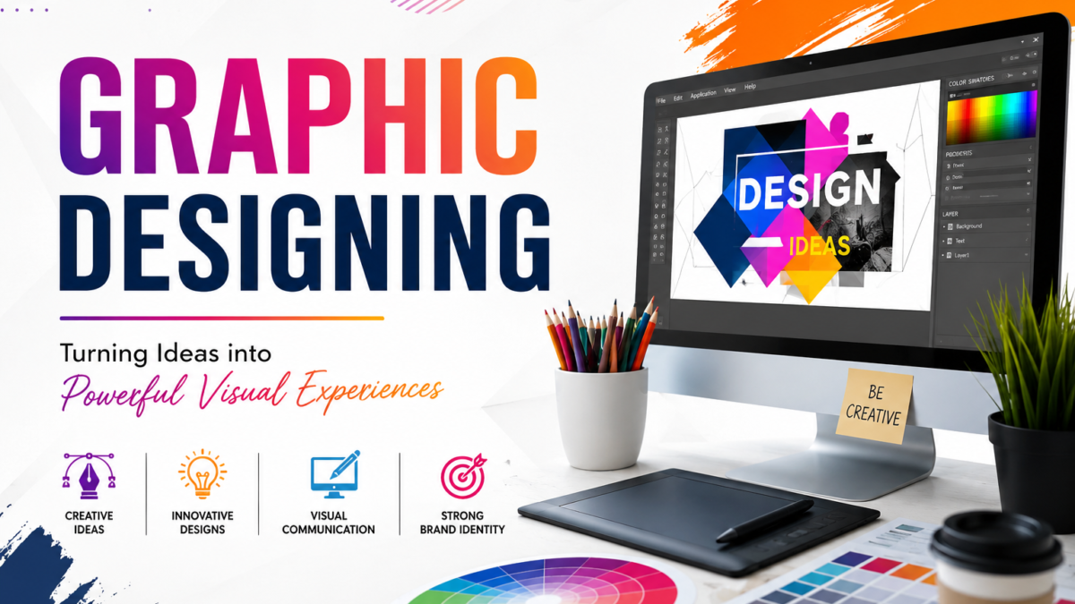 Modern graphic designing workspace featuring creative typography, colorful design tools, digital artwork on a computer screen, color palette, drawing tablet, and branding elements.