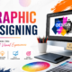 Modern graphic designing workspace featuring creative typography, colorful design tools, digital artwork on a computer screen, color palette, drawing tablet, and branding elements.