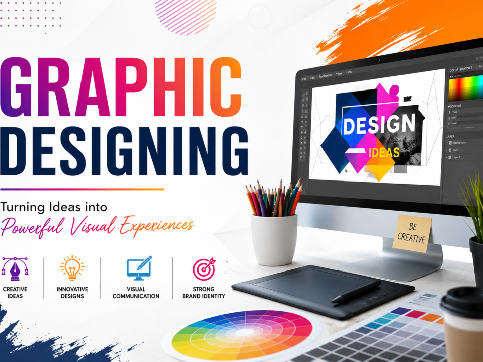 Modern graphic designing workspace featuring creative typography, colorful design tools, digital artwork on a computer screen, color palette, drawing tablet, and branding elements.